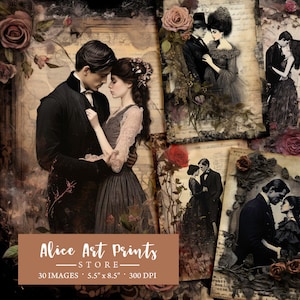 30 Gothic Romance Junk Journal Pages, Victorian Love Scrapbooking Page, Vintage Lock Heart Digital Paper, Dark Journal Pages, Collage Sheet