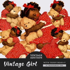 Little Black Girl with Teddy Bear Clipart, transparent PNG, Cute Retro Girls Clipart, Sublimation, Paper craft, Junk Journal Scrapbooking