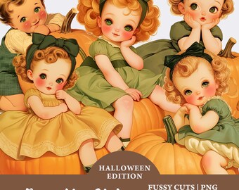 Paquete de imágenes prediseñadas de chica calabaza, calabaza de Halloween, recortes efímeros para diarios basura, descarga digital vintage de otoño, Halloween de otoño
