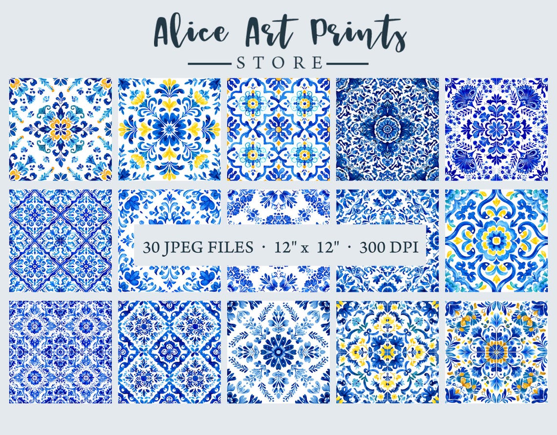 Mexican Talavera Tiles Pattern Seamless Digital Papers Blue and White ...