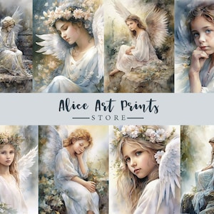 Vintage Angel Journaling Card, Antieke Aquarel Angel schilderijen ATC Kaarten, middeleeuwse engel, beschermengel Ephemera beelden voor DIY