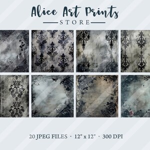 May include: Set of 20 digital paper backgrounds in a gothic style. The papers feature black and white damask patterns, roses, skulls, and distressed textures. Each paper is 12 inches by 12 inches and 300 DPI.