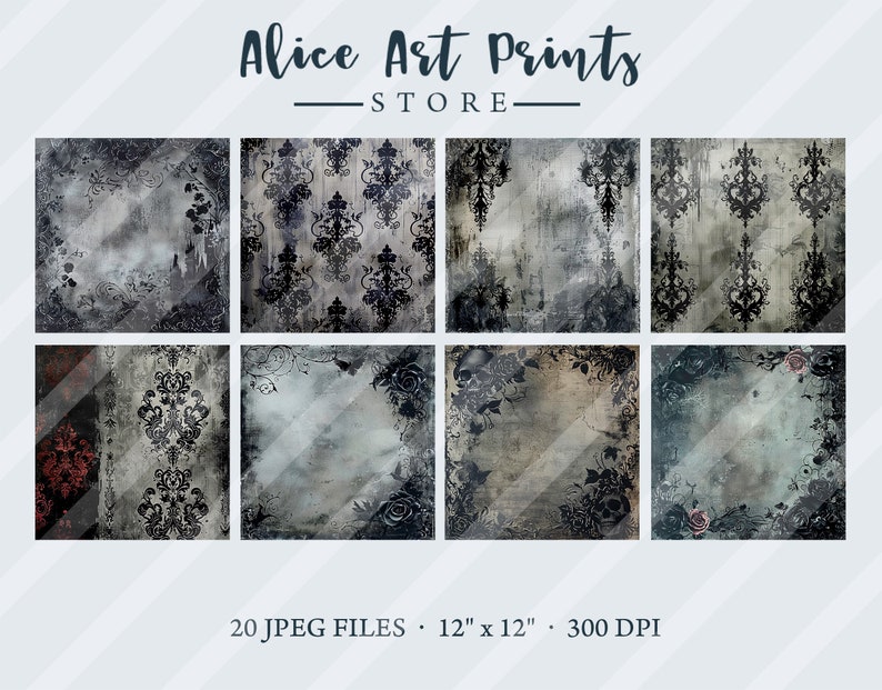 May include: Set of 20 digital paper backgrounds in a gothic style. The papers feature black and white damask patterns, roses, skulls, and distressed textures. Each paper is 12 inches by 12 inches and 300 DPI.