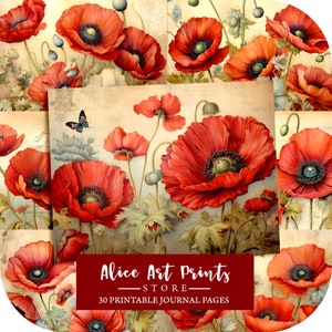 Vintage Poppy Junk Journal Kit, Poppies Digital Paper for Scrapbooking, Floral Printable, Shabby Pages, Journal Ephemera, Instant Download