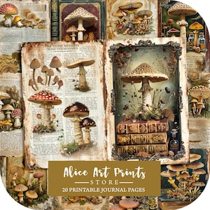 Pagine di diario vittoriano di funghi spazzatura, carta digitale di diario botanico vintage di funghi, fogli di collage di scrapbooking di erbe aromatiche