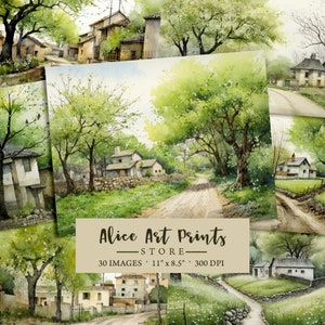 Spring Town Carnaval papier, arbres verts papier numérique Scrapbooking Kit fantaisiste de journal indésirable Fond d'été Pages de journal imprimables