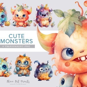 Niedliche Monster Aquarell Clipart, entzückende Baby Monster PNG, niedliche Halloween Monster PNG, Monster Clipart - Kinderzimmer Clip art - Kinder