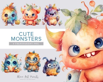 May include: Six watercolor illustrations of cute monsters with various colors and expressions. The monsters are depicted with large eyes, toothy grins, and whimsical features. The text "Cute Monsters" and "6 Transparent PNG" is included in the image.