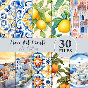 Carta per album digitale con piastrelle per acquerello italiano blu e bianco, sfondo per le vacanze in Grecia, Santorini, creature mediterranee