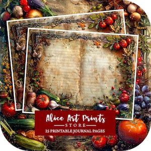 Páginas de diário de lixo de livro de receitas, kit de papel de scrapbook digital de cozinha, páginas de culinária, fundos chiques gastos, coisas efêmeras de cozinha, alimentos vegetais