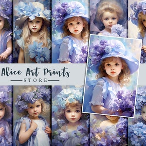 Ilustración de acuarela niña con flores azules Tarjeta de diario, pinturas románticas vintage 4x6 tarjetas, imágenes efímeras para bricolaje