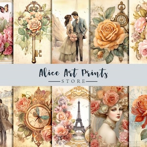 Romantic Paris Scrapbooking paper, Shabby Chic Watercolor Journal Pages, Junk Journal Printable, 12 Junk Journal Pages Vintage Collage Sheet
