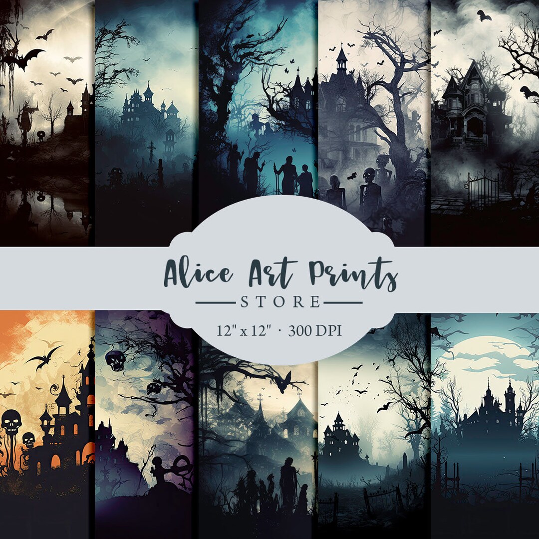 Printable Halloween Landscape Digital Paper, Watercolor Halloween ...