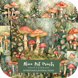 Pages de journal indésirable champignon, forêt arrière-plan imprimable, vintage champignon vénéneux botanique papier numérique Scrapbooking aquarelle éphémères