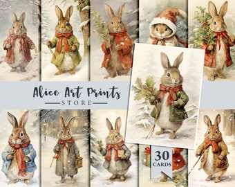 Christmas Rabbit Journaling Ephemera, Junk Journal Peter Rabbit 30 Vintage Cards, Digital Clip art Beatrix Potter Style, Christmas Bunnies