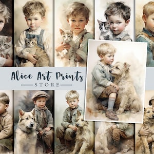 Petit garçon avec des cartes de journalisation à l’aquarelle de chien de chat, art aquarelle rétro vintage pour enfants, illustrations à l’aquarelle, 25 images éphémères