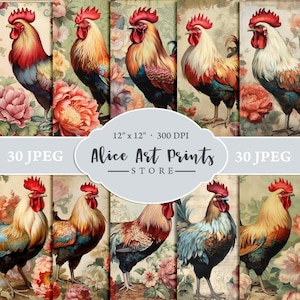 Fondo de álbum de recortes de granja shabby chic, tarjetas de decoupage de gallo y peonías de acuarela, páginas de diario victoriano, fabricación de tarjetas