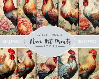 Shabby chic Farmhouse Scrapbook Background, Watercolor Rooster and Peonies Decoupage Cards, Victorian Journaling pages, Card making