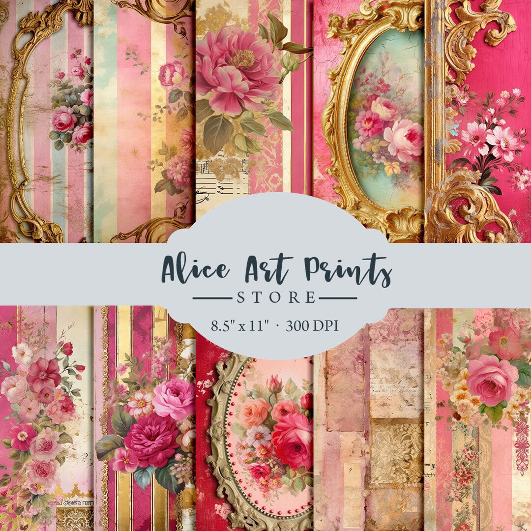 Tattered Pink &amp; Gold Wall Printable, 40 Pink Printable Junk Journal ...