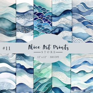 Ozean Aquarell Digitales Papier, Meer Themen Abstrakte Welle Hintergründe, Aquarell Meereswellen Scrapbooking Papier, Abstraktes Muster