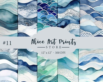 Ozean Aquarell Digitales Papier, Meer Themen Abstrakte Welle Hintergründe, Aquarell Meereswellen Scrapbooking Papier, Abstraktes Muster