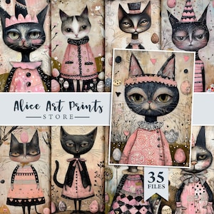 Valentinstag skurrile Katzen Journaling Karten, Vintage Katzen in Kleidung Junk Journal Ephemera, süße Kätzchen Liebe Karten machen, druckbare digitale Datei