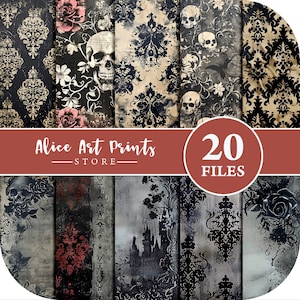 Gótico vintage, fundo neutro, álbum de recortes, papel de diário indesejado, design desgastado, coisas efêmeras para impressão, caveiras, rosas, download instantâneo