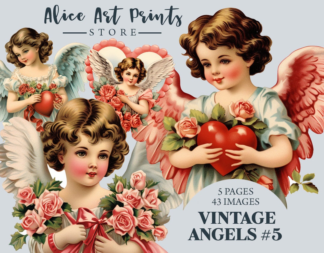 Vintage Cute Angels Clipart Bundle, 43 Retro Valentine’s Angel ...