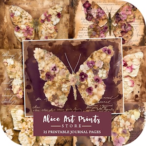 Páginas de diário de lixo de borboleta, papel digital EcoPrint angustiado de flores secas e prensadas, kit de colagem de fundo de álbum de recortes imprimível Grunge Boho