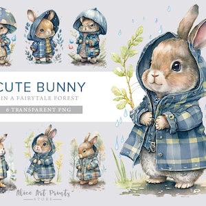 Schattige konijntjes aquarel clipart, schattige baby konijn PNG, schattig konijntje in een sprookjes bos PNG, Bunny clipart-kwekerij clipart-kinderen