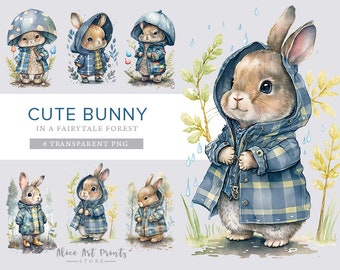 Cute Bunnies Watercolor Clipart, Adorable baby rabbit PNG, Cute Bunny in a fairytale forest PNG, Bunny Clipart - Nursery Clipart - Children