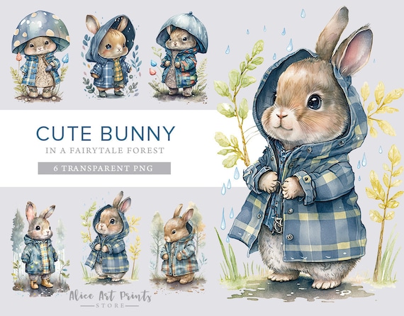 Cute Bunnies Watercolor Clipart, Adorable baby rabbit PNG, Cute Bunny in a fairytale forest PNG, Bunny Clipart - Nursery Clipart - Children