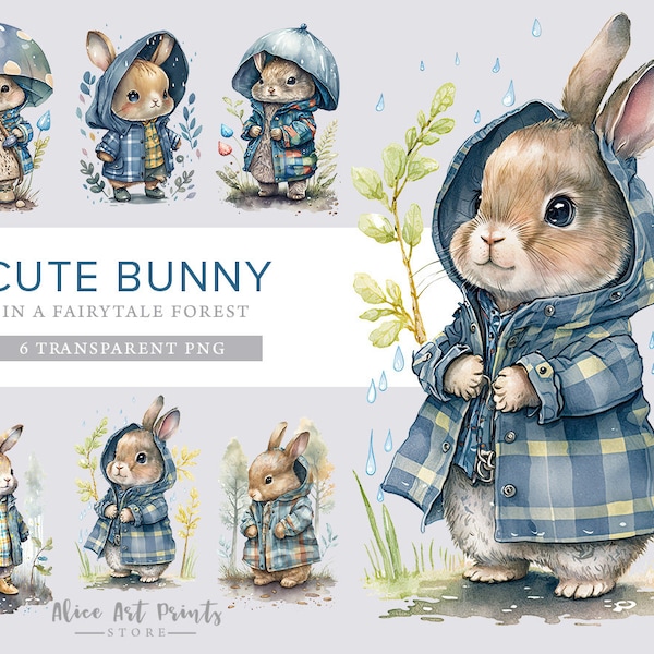 Cute Bunnies Watercolor Clipart, Adorable baby rabbit PNG, Cute Bunny in a fairytale forest PNG, Bunny Clipart - Nursery Clipart - Children