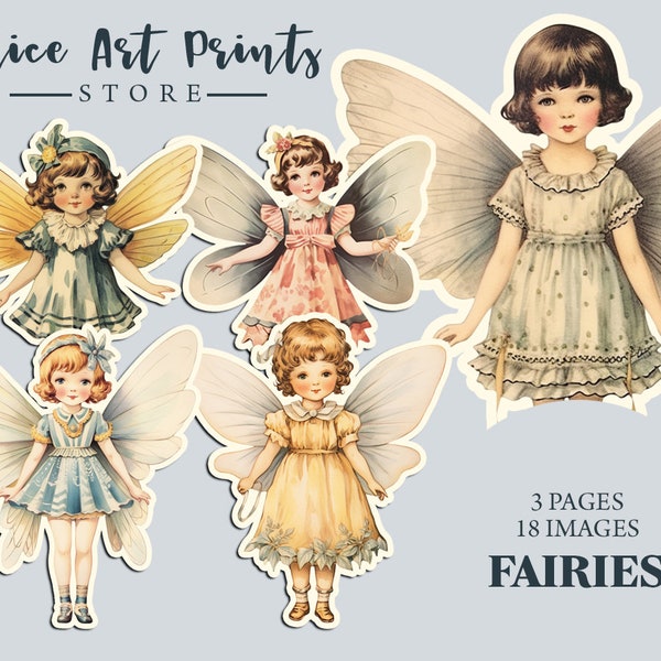 Fairies Fussy Cut Ephemera for Junk Journals, Vintage Flower Fairy Paper Dolls Digital Download, Printable Collage Sheet, Stickers