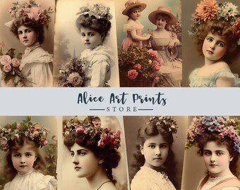 Antique French Postcard Journaling Card and ATC Cards, Printable French Postcards, Junk Journal Vintage Women, Junk Journaling Ephemera