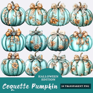Turquoise Floral Pumpkin With Coquette Bow & Diamonds clipart Bundle, Cute Coquette Pumpkin PNG, Watercolor Pumpkins Png, Autumn sublimation