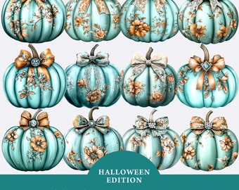 Turquoise Floral Pumpkin With Coquette Bow & Diamonds clipart Bundle, Cute Coquette Pumpkin PNG, Watercolor Pumpkins Png, Autumn sublimation