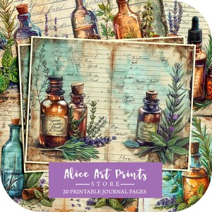 Diário de lixo de poções de ervas, página de diário botânico, papel para impressão de boticário vintage para scrapbooking, folha de colagem de alquimia em aquarela
