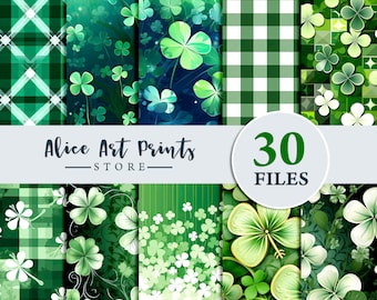 May include: A set of 30 digital paper designs featuring various green shamrock patterns. The patterns include checkered, floral, and solid green backgrounds with shamrocks.
