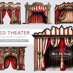 Cortinas de teatro de papel vintage gótico imprimibles, casa de muñecas de teatro francés, efímera vintage digital de diario basura, fabricación de tarjetas, scrapbooking