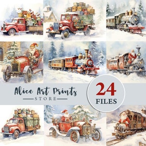 Cartões de registro de trens de caminhão de carro de Natal, clipart de aquarela de carros do Papai Noel, coisas efêmeras de diário de lixo, criação de cartões, arquivo digital para impressão