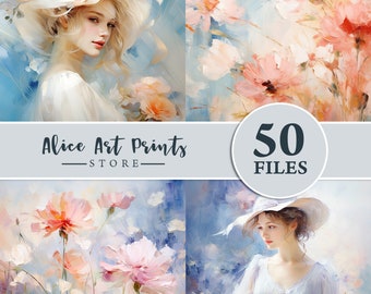 Romantic Oil Painting Backgrounds, acrylic digital paper pack, acrylic paint texture on canvas, pastel colors paint textures Scrapbooking