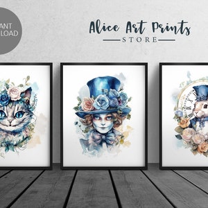 Alice In Wonderland Prints, Set of 3 Digital Printable, Mad Hatter White Rabbit Chishire Cat Nursery Wall Art, Girl&#39;s room decor N14