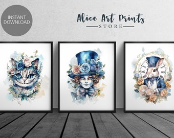 Alice i Underlandet-tryck, set med 3 digitalt utskrivbara, Mad Hatter vit kanin Chishire katt barnrumsväggkonst, flickrumsdekor N14
