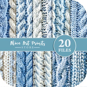 Op de afbeelding: Een digitaal papierpakket met 20 verschillende blauwe en witte brei-texturen. De texturen zijn gerangschikt in een rasterpatroon. De tekst "Alice Art Prints - STORE - 20 FILES" staat onderaan de afbeelding.