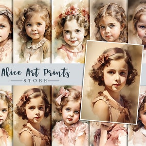 Watercolor Vintage little Girl, portrait - junk journal cards, Journaling Card, Romantic Girl paintings Cards, Ephemera images for DIY