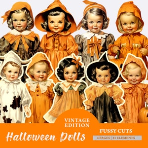 Süße Halloween-Puppen, wählerisch geschnittene Ephemera für Junk-Tagebücher, Halloween-Kinder-Clipart, druckbares Collage-Blatt, Vintage-Puppen-Tagebuch-Zubehör