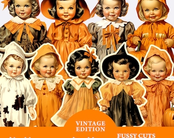 Lindas muñecas de Halloween Fussy Cut Ephemera para diarios basura, imágenes prediseñadas de Halloween para niños, hoja de collage imprimible, suministros para diarios de muñecas vintage