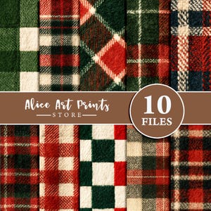 May include: A digital collection of 10 files featuring various plaid and checkered fabric patterns in red, green, white, and dark blue. The image includes the text Alice Art Prints STORE and a brown circle with the white text 10 FILES.