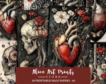 Botanical Anatomy Junk Journal Half Pages, gothic printable paper, Antique Anatomy collage sheet, Romantic Gothic journaling ephemera